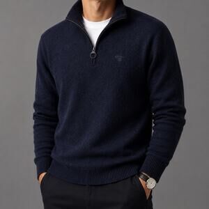 Barbour Tisbury 1/4 Zip Wool Silk Blend Sweater Mens Blue Ribbed Preppy M